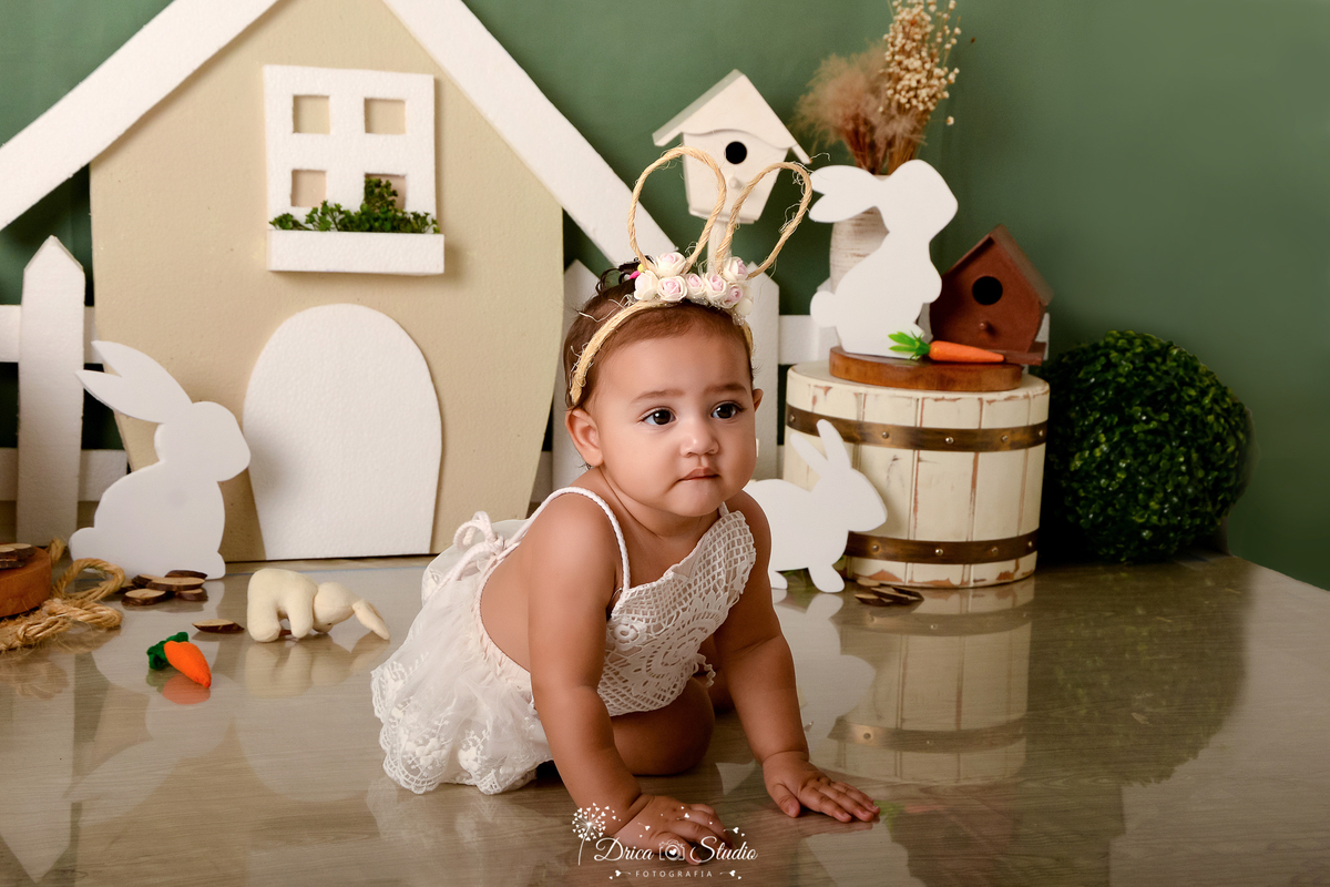 drica studio - ensaio fotográfico infantil - cenario de páscoa - casa de coelho - coelhos - cenoura - funco verde - casa de passarinho - menina vestinda em bory de renda bege claro