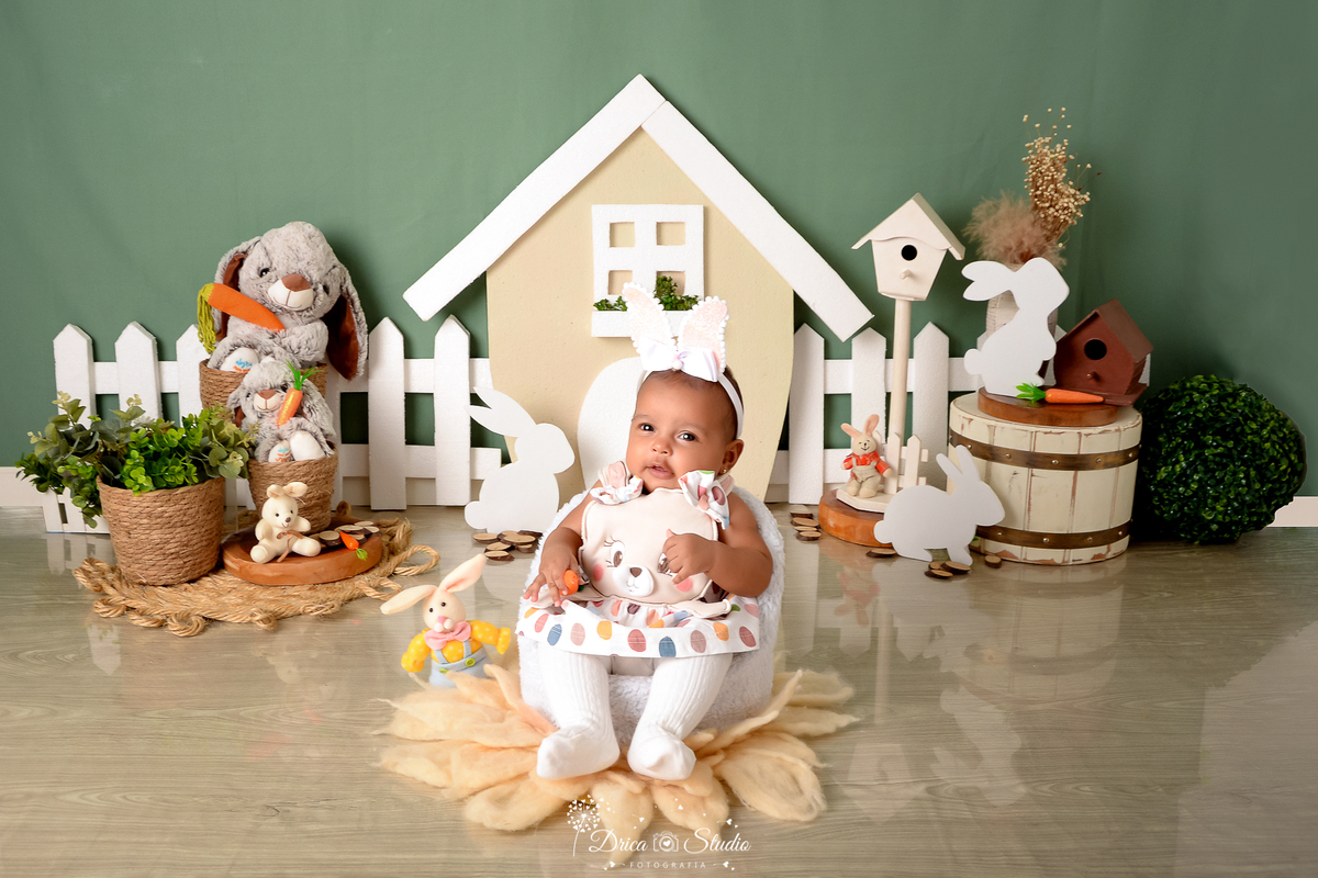 drica studio - ensaio fotográfico infantil - xinguara - páscoa - bebê sentada em poltrona branca - casa de coelho com cerca branca - casa de passarinho - cesto de palha - coelho branco - fundo verde - tapete felpudo