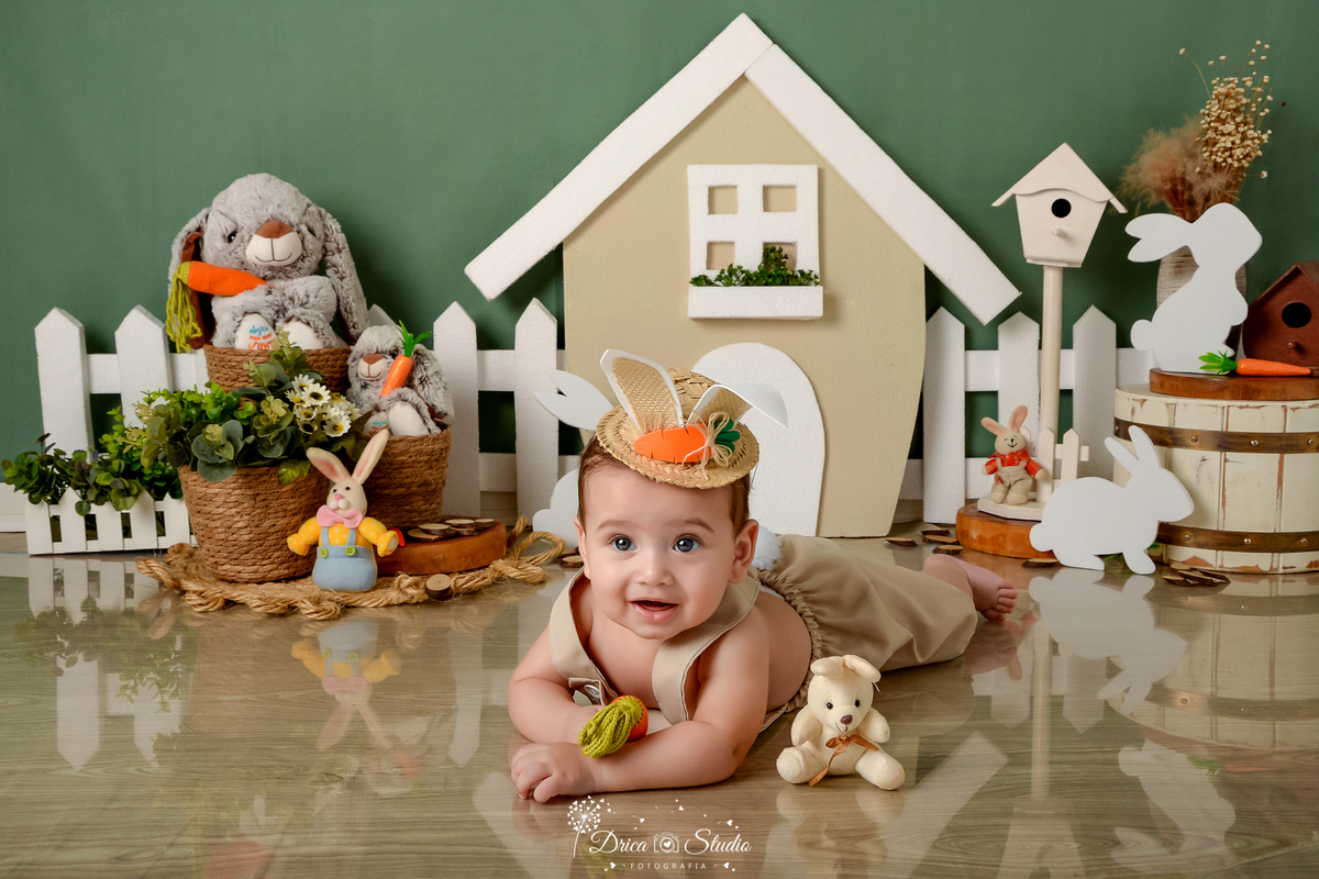 drica studio - ensaio fotográfico infantil - xinguara - páscoa - casa de coelho com janelinha - fundo verde - chapéu com orelhas coelho