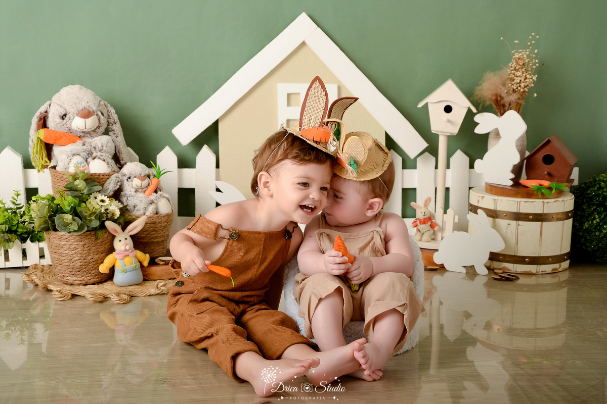 drica studio - ensaio fotográfico infantil - xinguara - páscoa - coelhos - irmãos brinco - casa de coelho - cesto de palha - cesto de madeira branca - casa de passarinho - tapete de corda