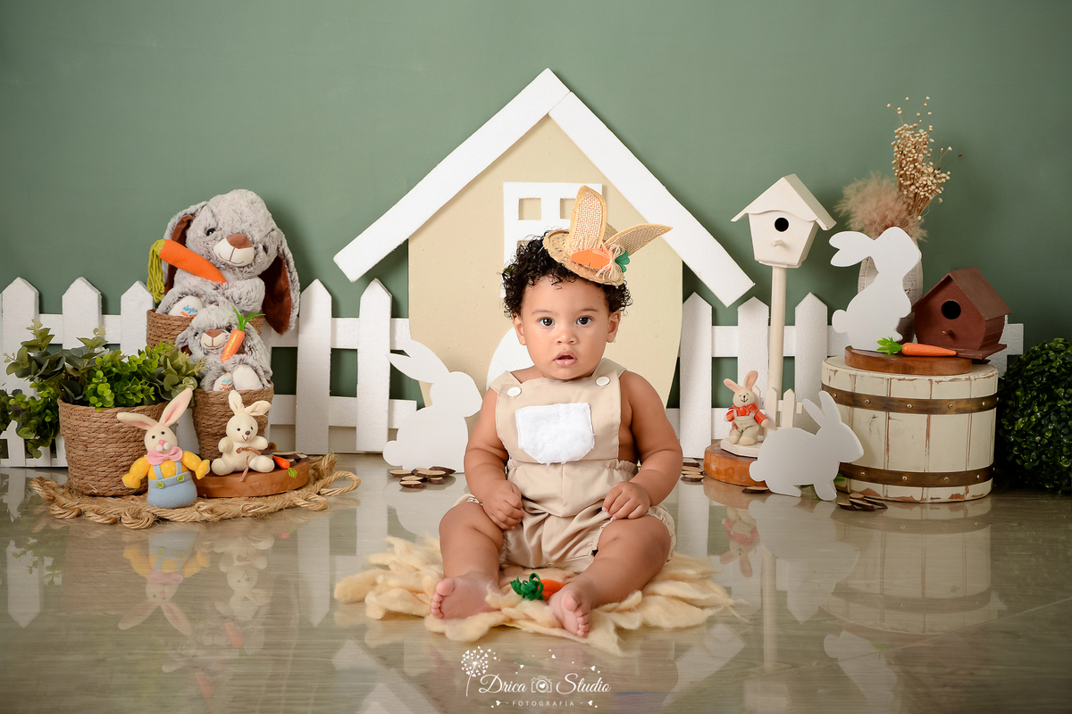 drica studio - ensaio fotográfico infantil - xinguara - páscoa - coelhos - cesto de palha - cesto de madeira branco - bebe vestido de coelho - chapéu com orelhas de coelho - casa de passarinho - coelhos - fundo verde - cerca branca - piso amadeirado - 