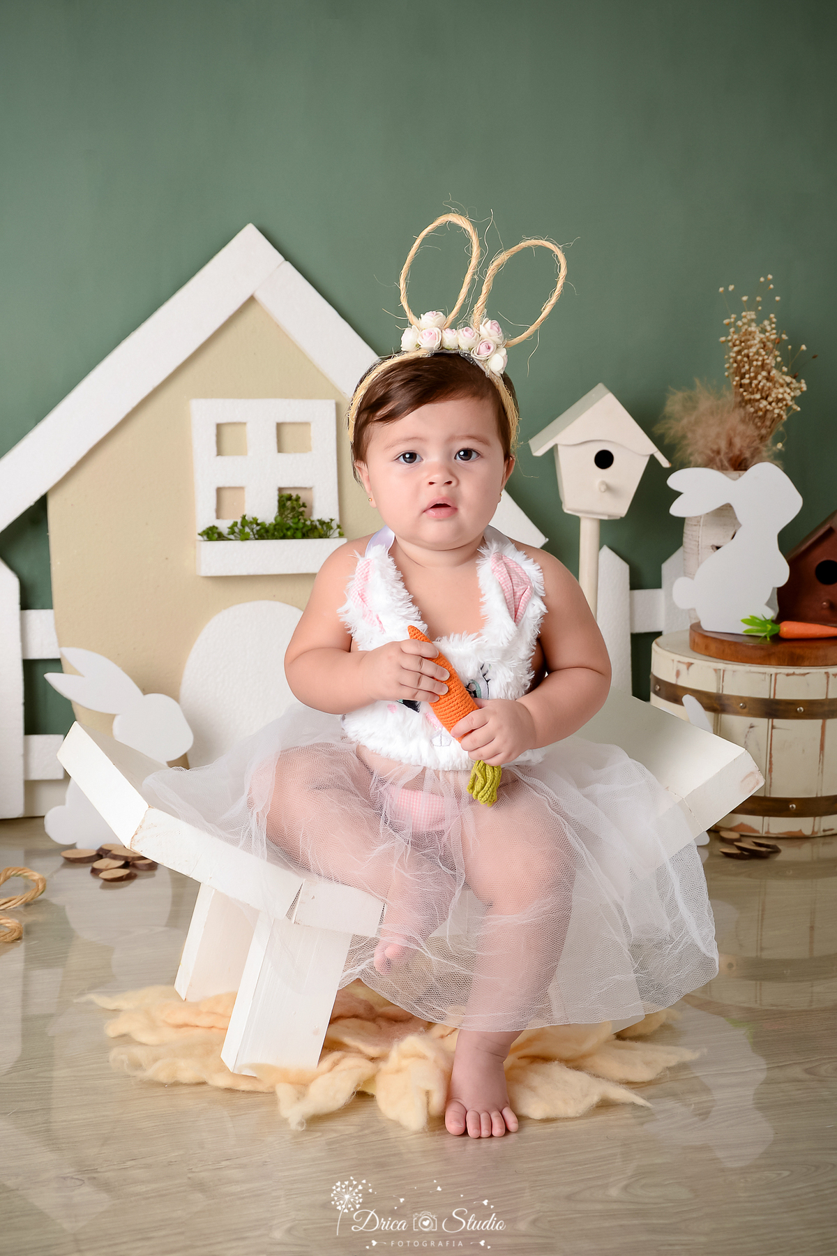 drica studio - ensaio fotográfico infantil - xinguara - páscoa - menina sentada em gamela branca - balde branco - coelhos branca - casa de passarinho branca - menina segurando cenoura