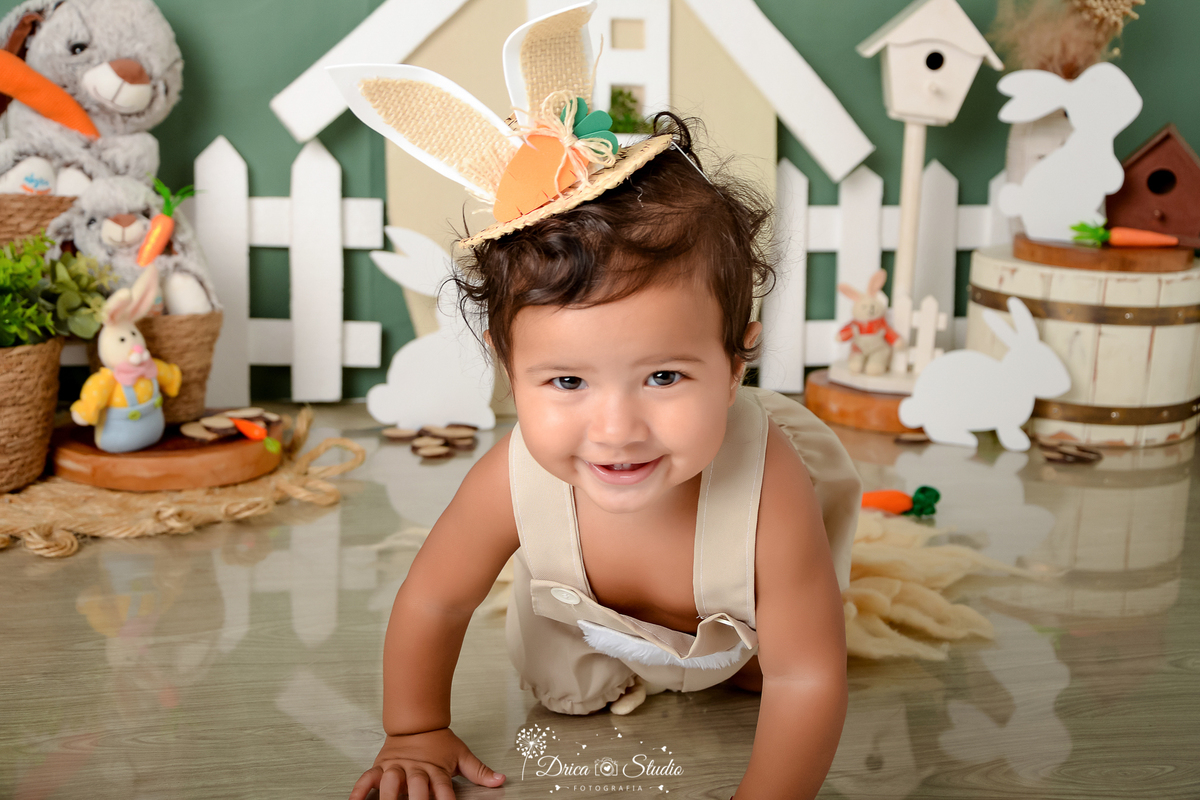 drica studio - ensaio fotográfico infantil - xinguara - páscoa - casa de coelho com cerca branca - coelhos - cenouras - piso amedeira - chapéu com orelhas de coelho - bebê engatilhando - fundo verde - cesto de palha - cesto de madeira branca 