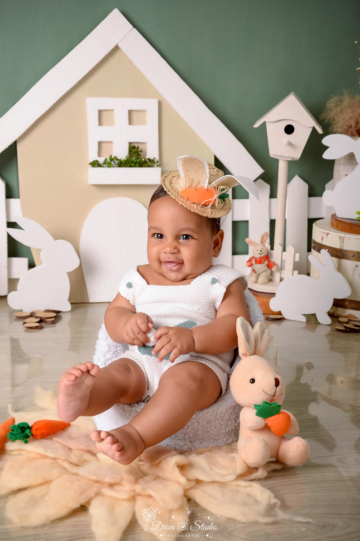 drica studio - ensaio fotográfico infantil - xinguara - páscoa - menino sentando em poltrona - casa de coleho com porta branca - chapéu de palha com orelhas de coelho - coelhos- piso amadeirado