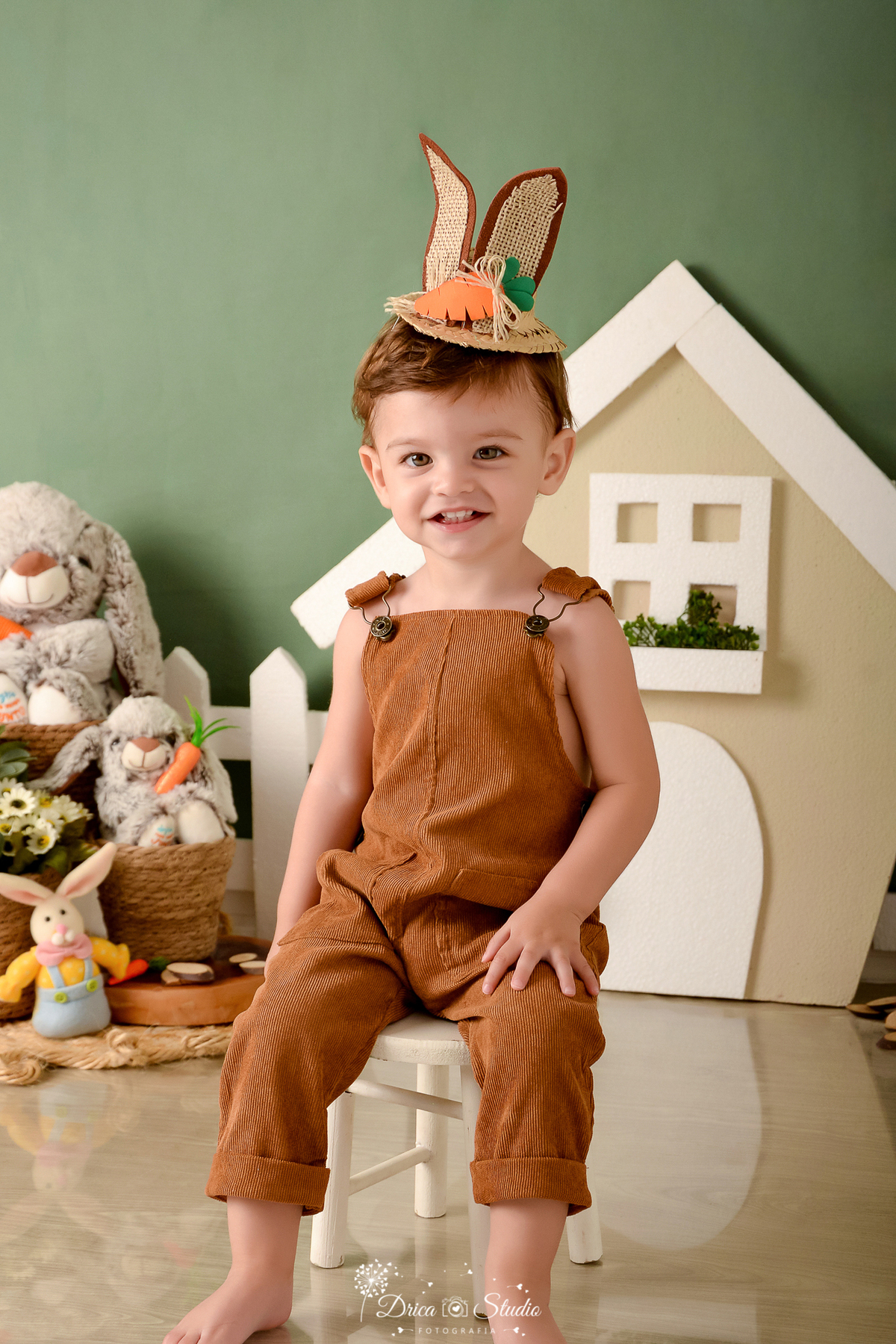 drica studio - ensaio fotográfico infantil - xinguara - páscoa - menino vesindo maquinho marrom - casinha com janela e portas brancas - coelhos - cenouras - fundo verde - cerca branca - cesto de palha