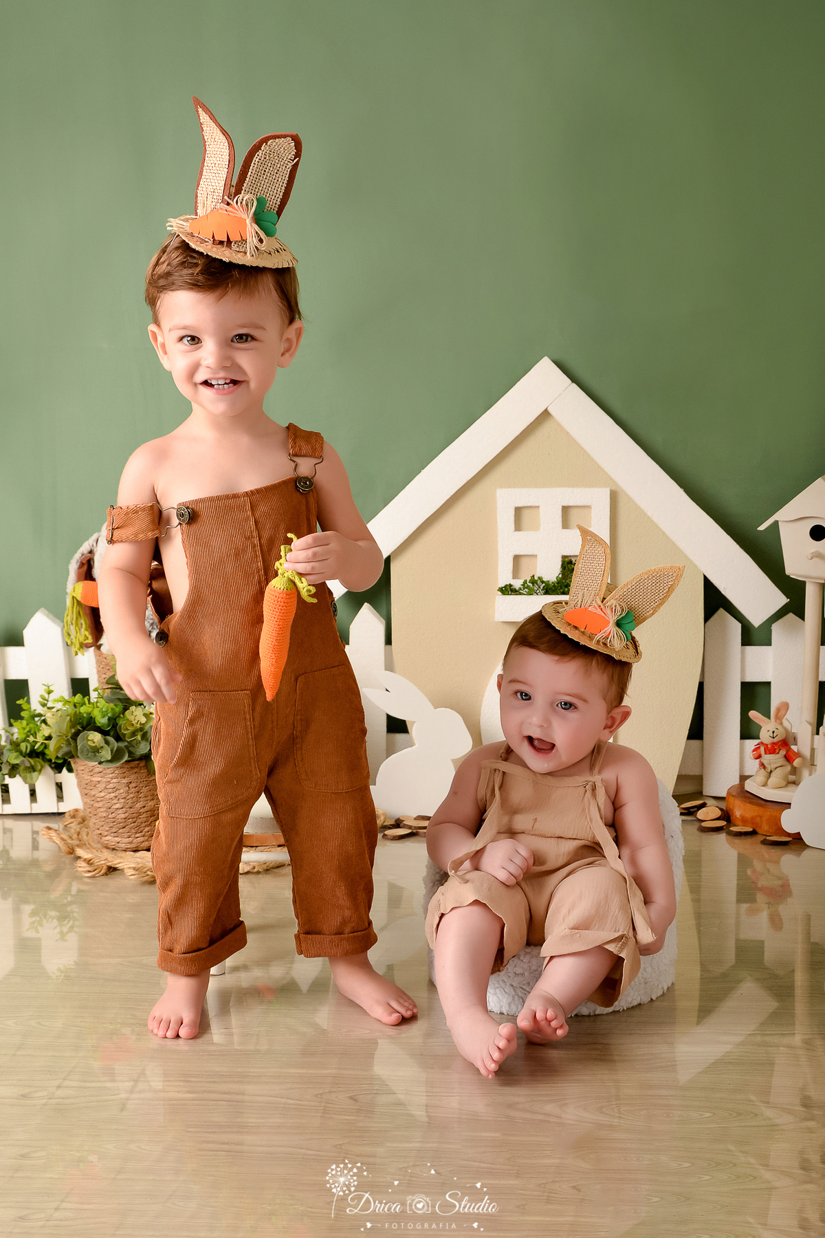 drica studio - ensaio fotográfico infantil - xinguara - páscoa - casinha com porta e janela branca - coelhos - meninos vestindo de coelho - maquinho marrom - fundo verde - irmãos brincando - casinha de passarinho