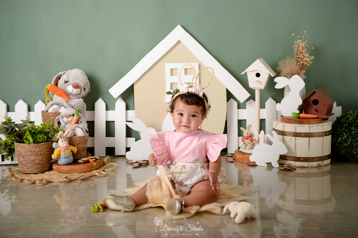 drica studio - ensaio fotográfico infantil - xinguara - páscoa - bebê vestindo bore rosa - coelhos - casa com janela e cerca branca - cesto de palha com folhagem dentro - cesto de madeira branco - piso amadeirado