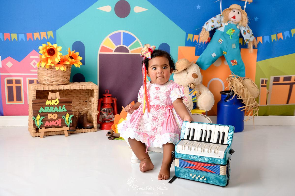 Drica studio - ensaio fotográfico infantil- xinguara - festa junina - menina com vestindo rosa com branco sentada segurando sanfona - girassol - cesto de palha - painel colorido - urso branco com chapéu de palha - espantalho - lampião vermelho - sanfona