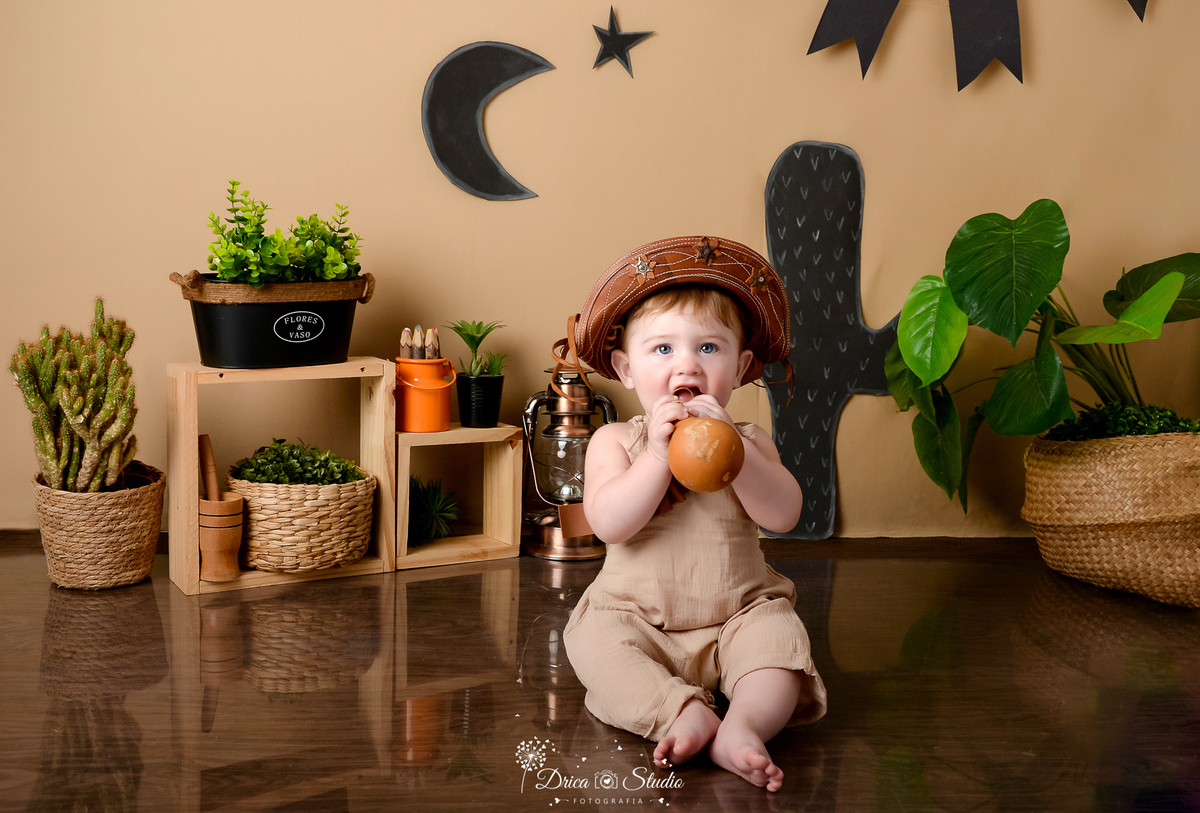 drica studio - ensaio fotografico infantil - tema sertão nordestino - nicho de madeira - cacto - cesto preto com arbusto - balde de leite laranja - chapéu de cordel - funco bege - piso amadeirado - cabaça - fundo de cordel