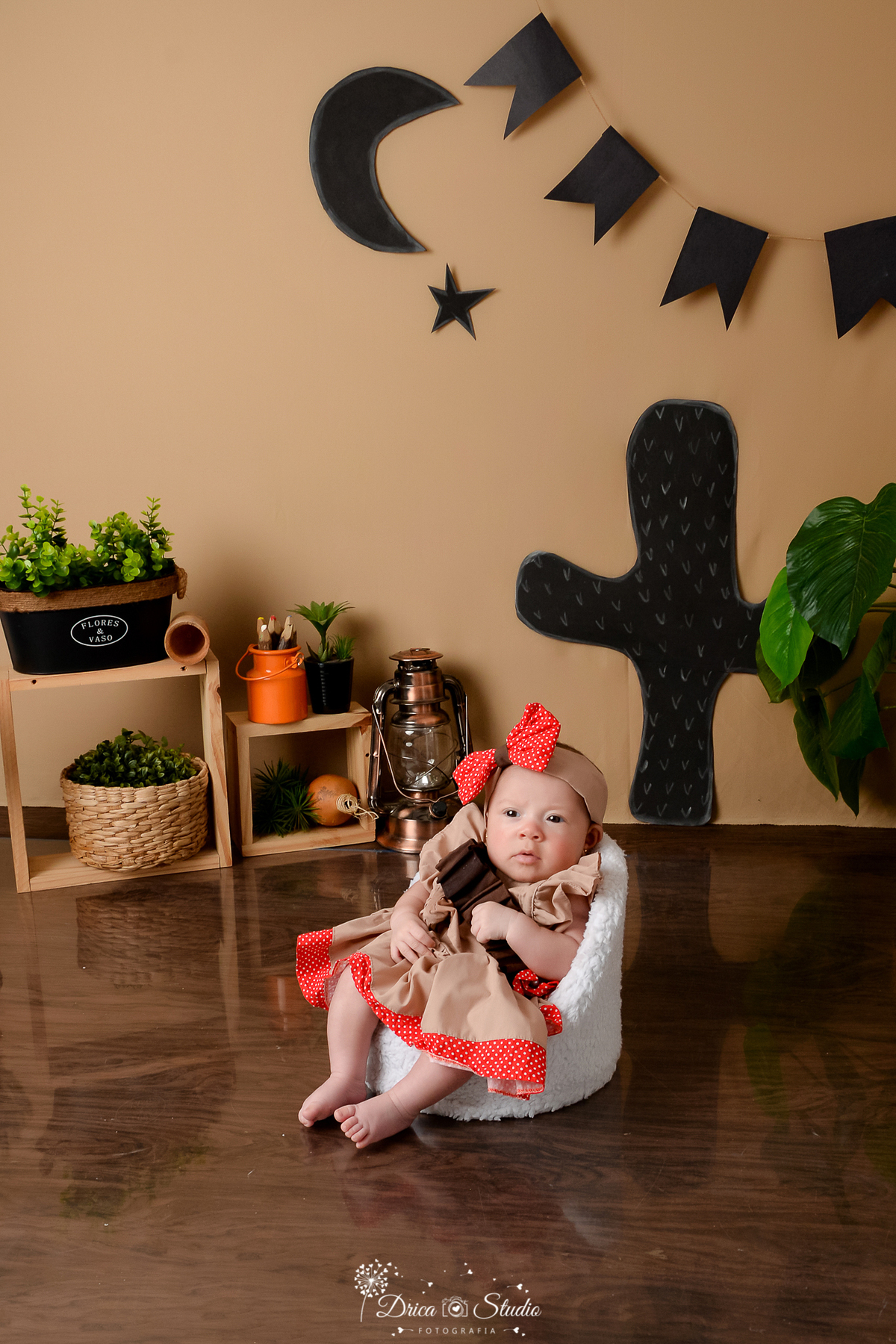 drica studio - ensaio fotografico infantil - tema sertão nordestino - bebê vestida de maria bonita - laço vermelho - cestos de palha com arbusto - latão de leite laranjado - fundo de cordel - cabaça - nicho madeira - lampião antigo