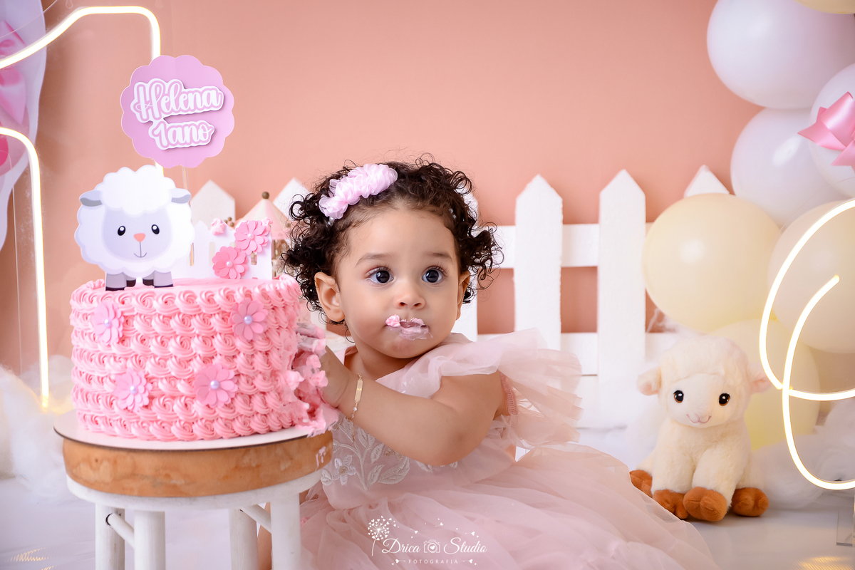 drica studio - ensaio fotográfico infantil - smahs the cake - ovelhinha - xinguara - vestido princesa infantil rosa - topo de bolo de ovelhinha - ovelhinha de pelúcia - bolo rosa - bebê com vestido de renda e tule rosa - fundo rose - cerca branca
