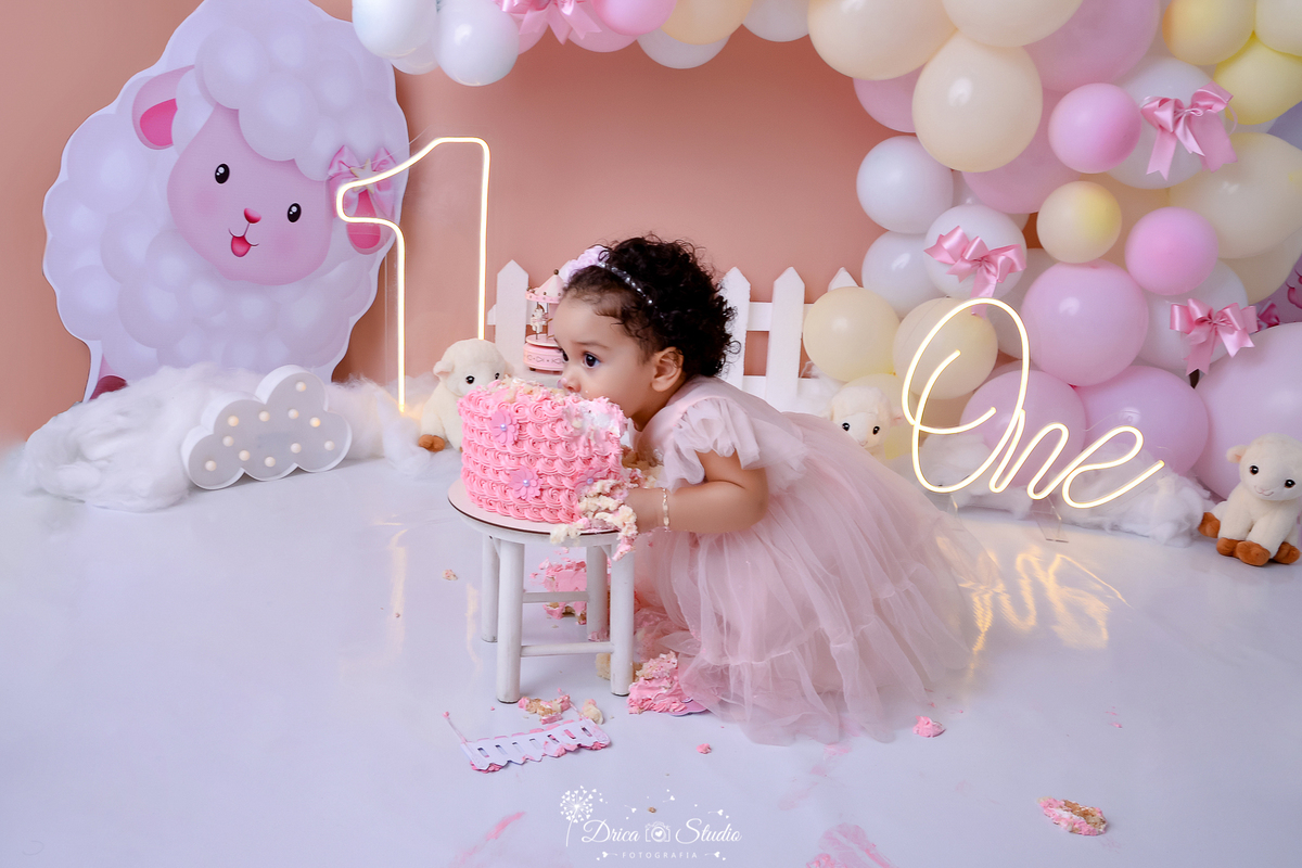 drica studio - ensaio fotográfico infantil - smahs the cake - ovelhinha - xinguara - vestido princesa infantil rosa - bebê mordendo bolo roso - one de led - nuvem luminosa - cerca branca - topper de ovelha - ovelhinha de pelúcia - hum de led