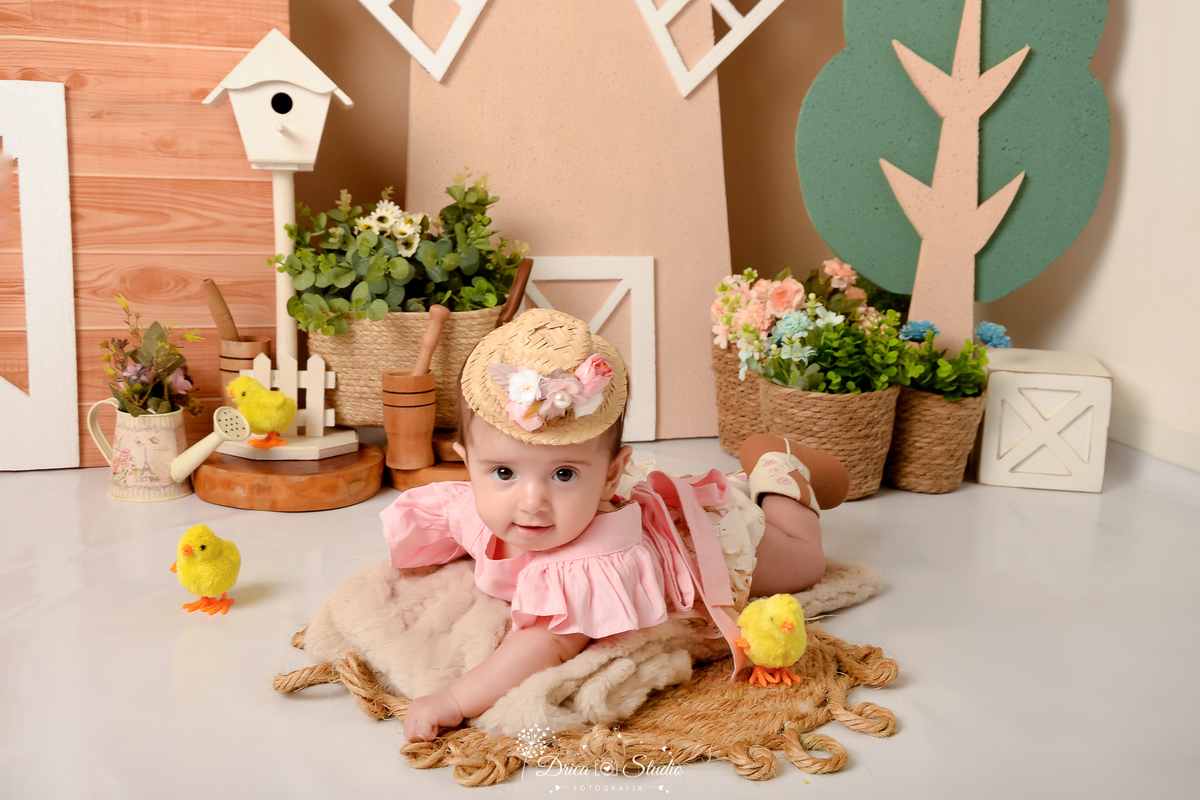 drica studio - ensaio fotografico infantil - fazendinha - xinguara - moinho de vento - cestos de palha com flores - pintinhos amarelinhos -  seleiro - bebê deitada de bruços vestindo blusa rosa com short creme e bota rosa - chapéu de palha com flores rosa