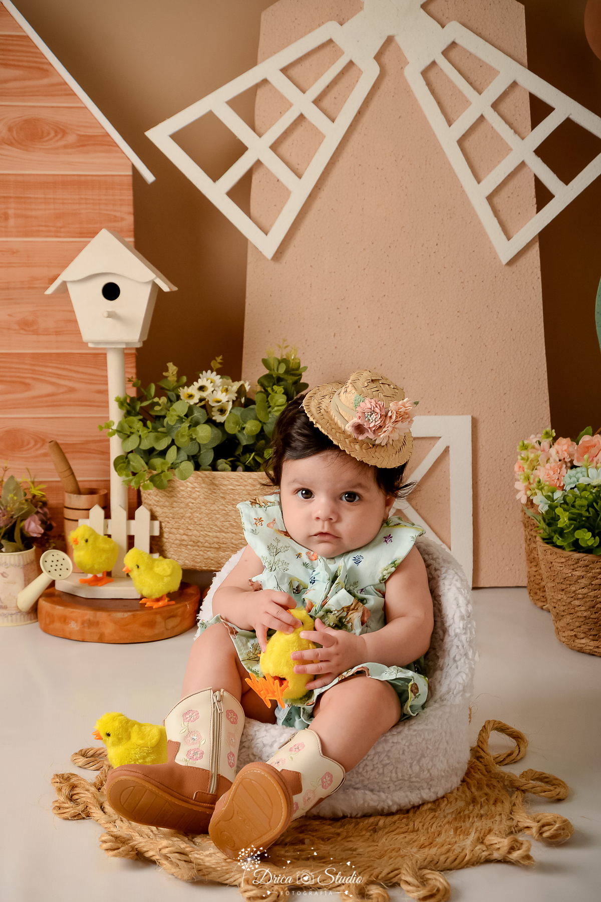 drica studio - ensaio fotografico infantil - fazendinha - xinguara -bebê sentada em poltrona vestindo bory verde com detalhes em flores, chapéu de palha com flores - pintinhos amarelo - cestos de palha com flores - moinho de vento - regador com flores