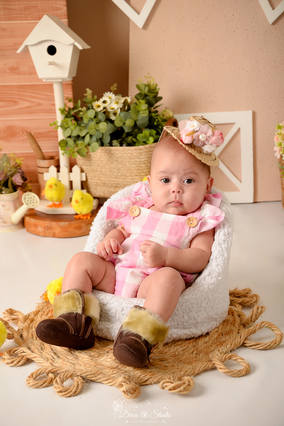drica studio - ensaio fotografico infantil - fazendinha - xinguara - bebê sentada em poltrona, vestindo bory de xadrez rosa, chapéu de palha e bota marrom com detalhe fepudo - pintinho amarelinho - pilão de madeira - tapete rústico de corda - cesto