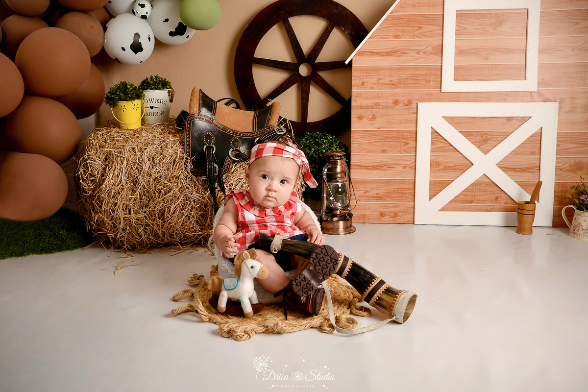 drica studio - ensaio fotografico infantil - fazendinha - xinguara - bebê sentada em poltrona, vestindo blusa vermelha de xadrez, segurando berrante, balões marrom - rodão de carroça - sela - lampião - seleiro - feno - pilão de madeira -regador com flores