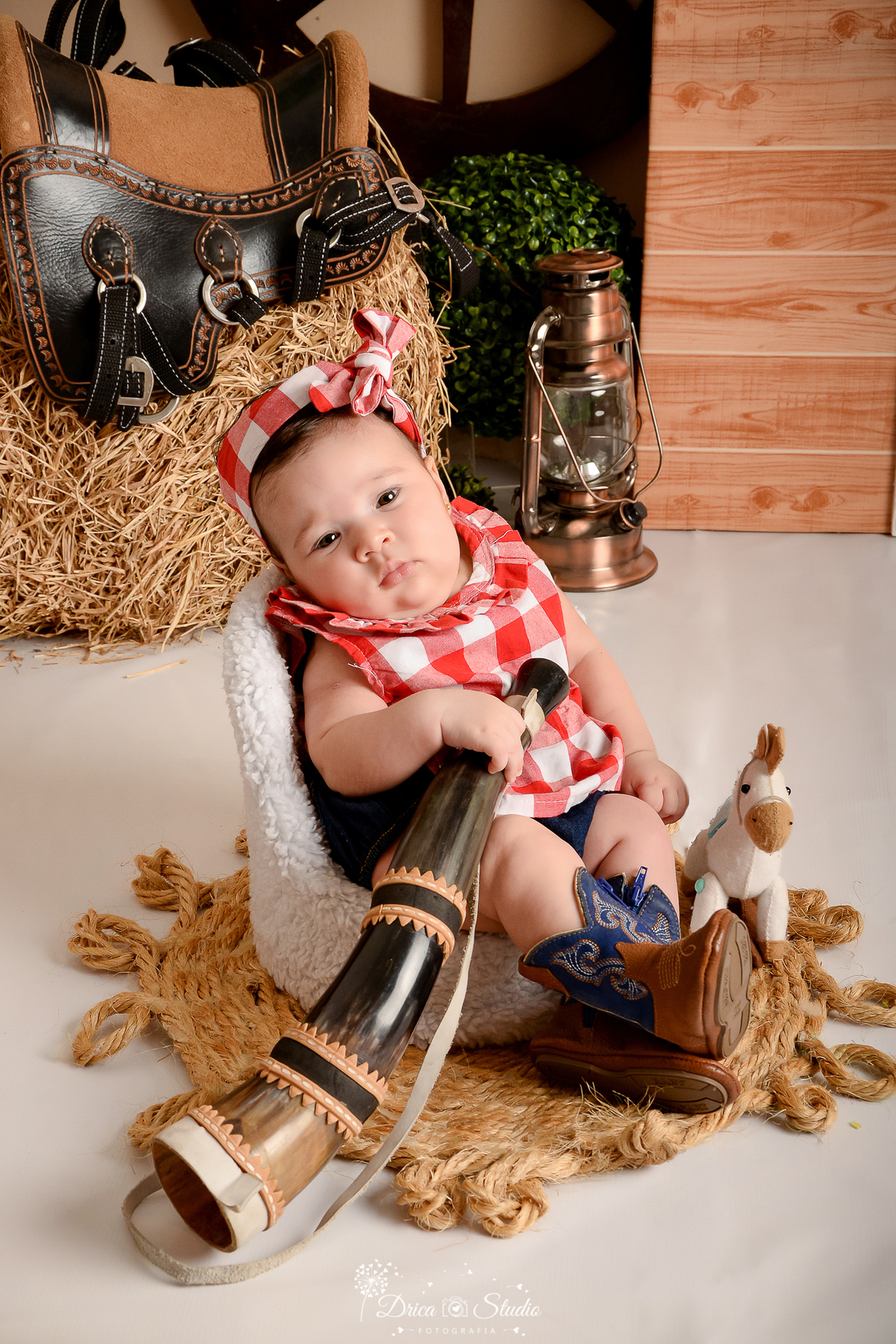 drica studio - ensaio fotografico infantil - fazendinha - xinguara - bebê sentada em poltrona, vestindo blusa xadrez vermelha com branco, bota marrom com detalhe azul, segurando um berrante - cavalinho  de pelucia - lampião - feno - seleiro-tapete rustico