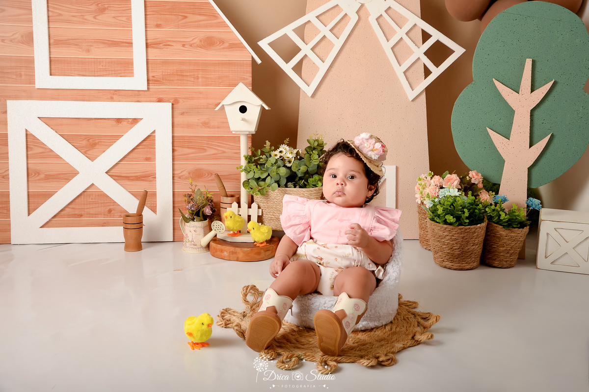 drica studio - ensaio fotografico infantil - fazendinha - xinguara - bebê sentada, usando bory rosa, chapéu de palha com flores e bota morrom clara com detalhes rosa - moinho de vento - seleiro - cestos com flores - pintinhos amarelos - tapete rustico 