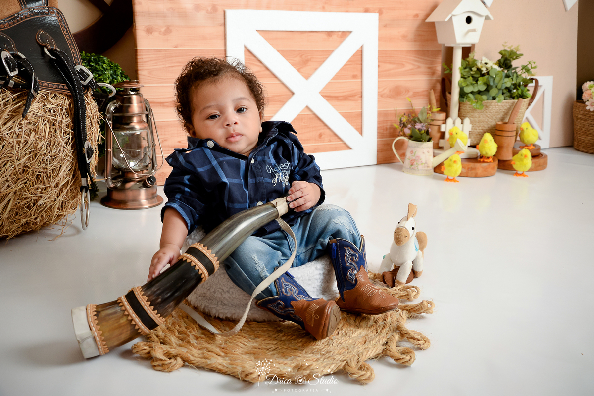 drica studio - ensaio fotografico infantil - fazendinha - xinguara - bebê sentado em poltrona, vestindo camisa azul escura xadrez e calça jeans, segurando berrante - feno - seleito - moinho de vento - casa de passarinho - pintinhos amarelo - lampião 