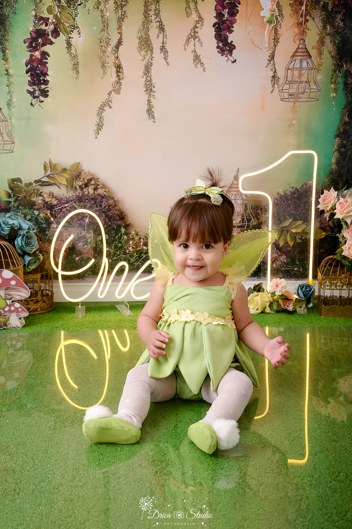 drica studio - ensaio fotografico infantil - smash the cake tinker bell - xinguara - bebê vestindo fantasia da tinker bell - asas verdes - um de led - one de led - cogumelo - gaiolas - grama artificial, banquinho branco - flores