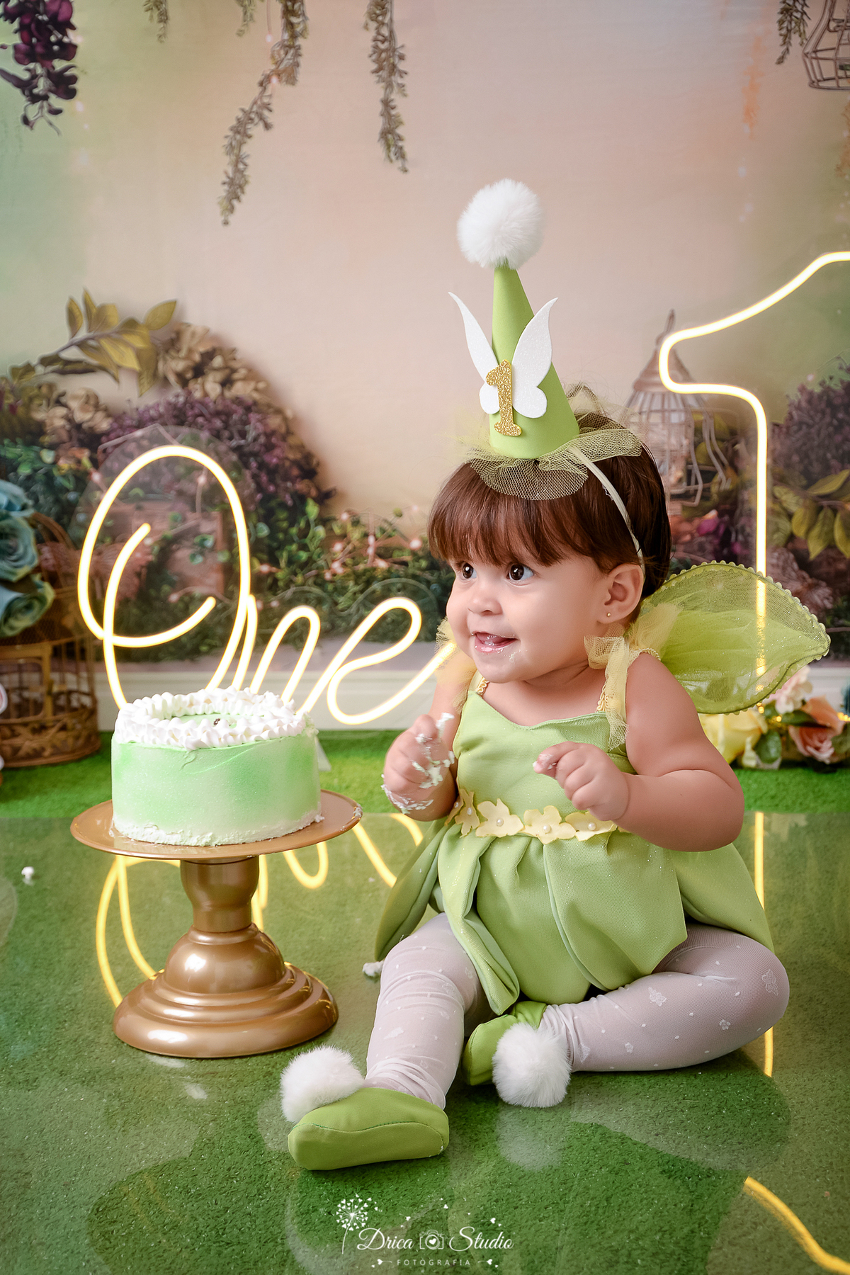 drica studio - ensaio fotográfico infantil - smash the cake tinker bell -  one de ele - bolo verde com branco - bebê vestindo fantásia da tinker bell - asas verde - gaiolas - flores - grama artificial - painel tema floresta