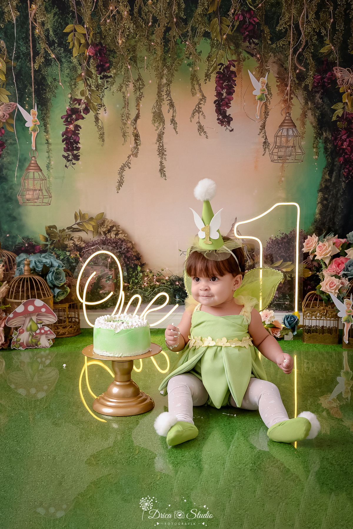 drica studio - ensaio fotográfico infantil - smash the cake tinker bell - um de led - cogumelo - xinguara - bebê vestindo fantasia da tinker bell - bolo verde - flores - cogumelo - grama artificial - painel tema floresta - asa verde