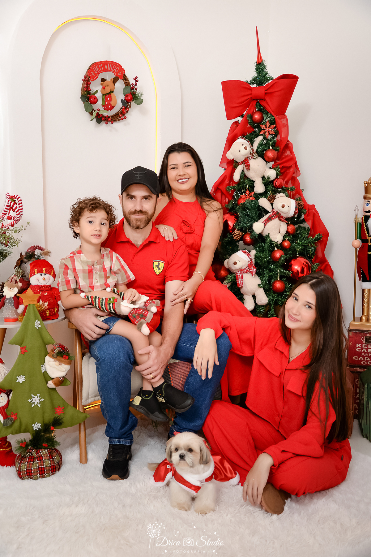 drica studio - ensaio fotografico - xinguara - fotos de natal - familia reunida para fazer fotos de natal - árvore de natal - boneco de neve de pelucia - ursinhos de pelúcia - bolinhas de natal vermelhas 
