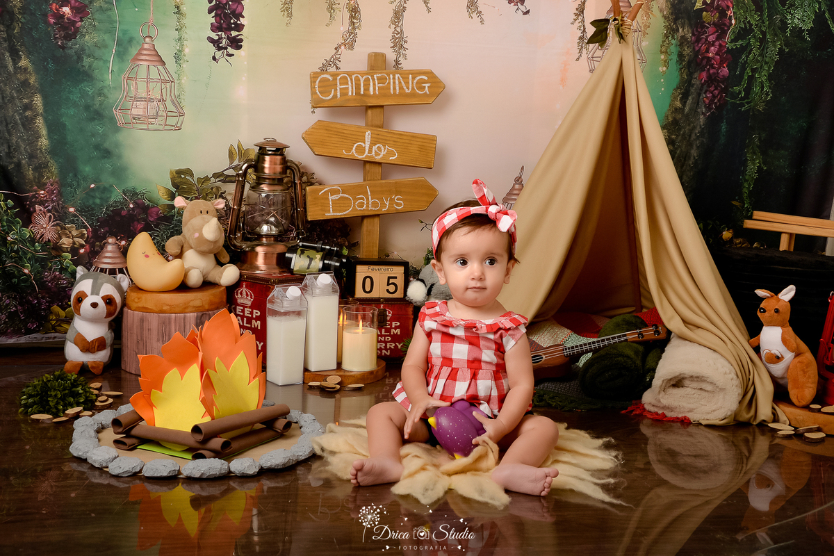 drica studio-ensaio fotografico infantil - acampamento infantil - xinguara - pará -bebê sentada no chão ao lado de fogueira de eva - cabaninha - bichinhos de pelúcia - lampião - calendário definitivo - fundo tema floresta