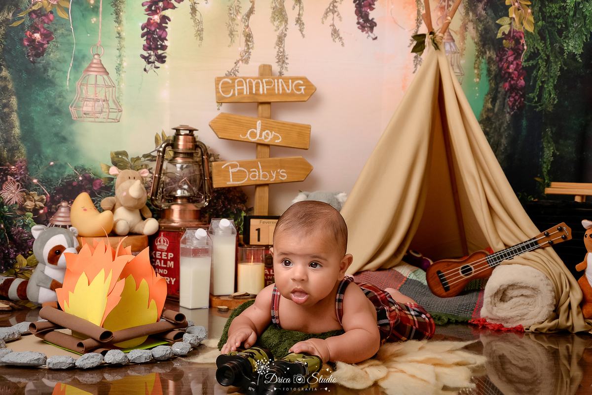 drica studio-ensaio fotografico infantil - acampamento infantil - xinguara - pará - bebê deitado de bruços - fogueira de eva - plaquinhas de indicação - bichinhos de pelúcia - violãozinho - cabaninha - caixa de leite - piso amadeirado -fundo tema floresta
