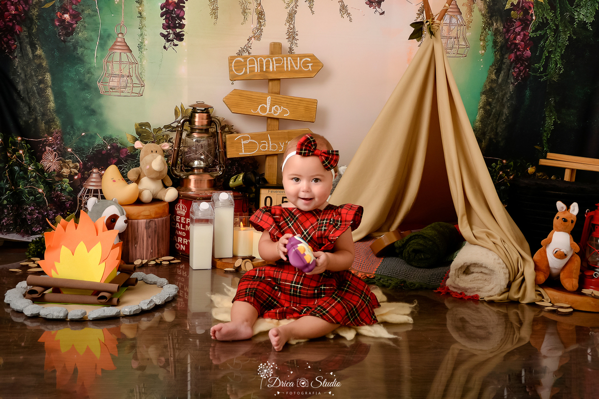 drica studio-ensaio fotografico infantil - acampamento infantil - xinguara - pará -bebê usando vestido xadrez vermelho com preto e lacinho na cabeça - cabaninha bege - fogueira de eva - caixa de leite - plaquinha de indicação - bichinhos de pelúcia