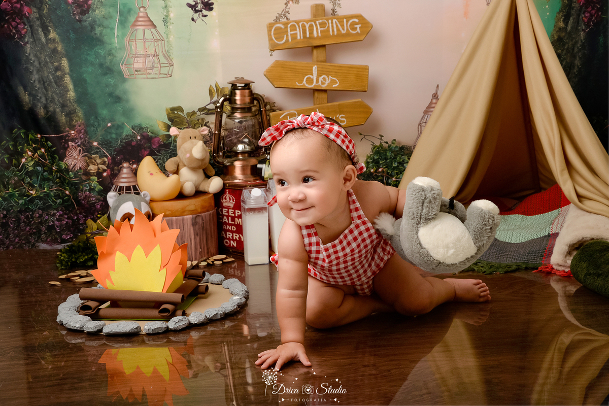 drica studio-ensaio fotografico infantil - acampamento infantil - xinguara - pará -bebê engatinhando segurando bichinho de pelúcia - fogueira de eva - bichinhos de pelúcia - lampião - manta verde escuro - piso amadeirado - vela de led - caixa de leite