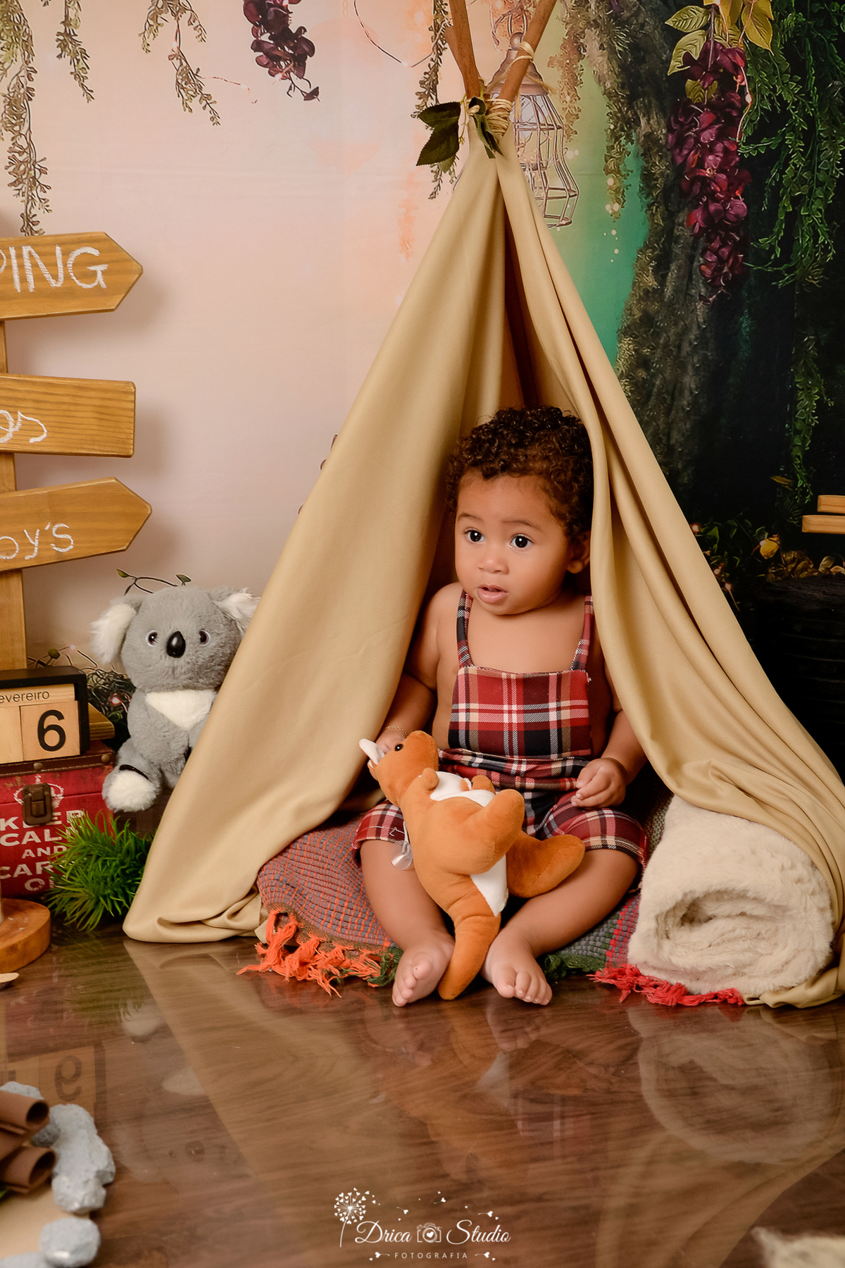 drica studio-ensaio fotografico infantil - acampamento infantil - xinguara - pará -bebê sentado dentro de cabaninha, ele veste macacão xadrez vermelho com preto- cangurú de pelúcia - caixa báu vermelha