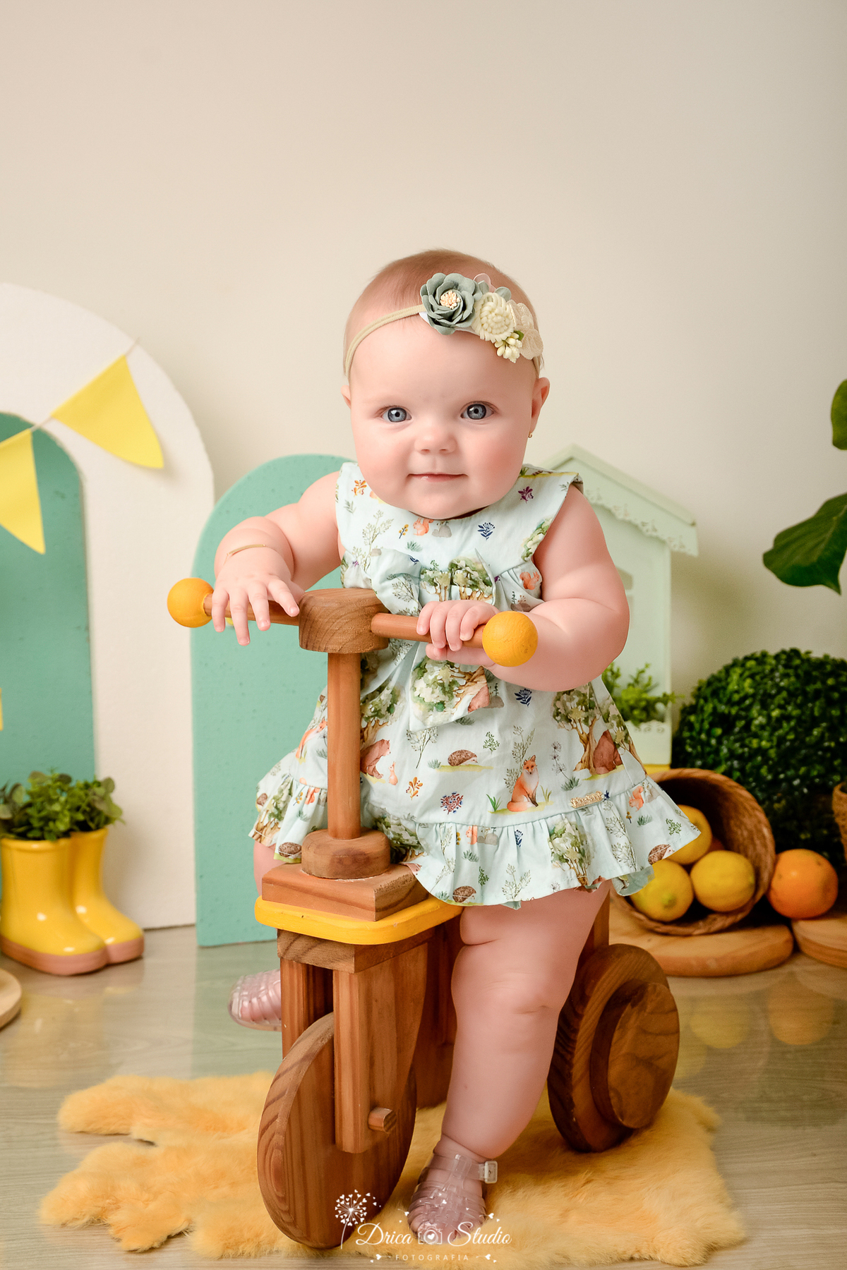 drica studio-ensaio fotográfico infantil - acompanhamento mensal - tema limãozinho - bebê sentada em bicicletinha de madeira - vestido verde claro com desenho - paineis verde e branco - limões - casinha de madeira verde - fundo claro