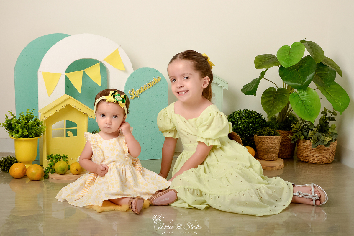 drica studio-ensaio fotográfico infantil - acompanhamento mensal - tema limãozinho - irmãs sentadas no chão-casinha de enfeite amarela - limões amarelos- vaso amarelo com arbusto - cestos de palha com plantas - painel verde e branco com banderolas amarela