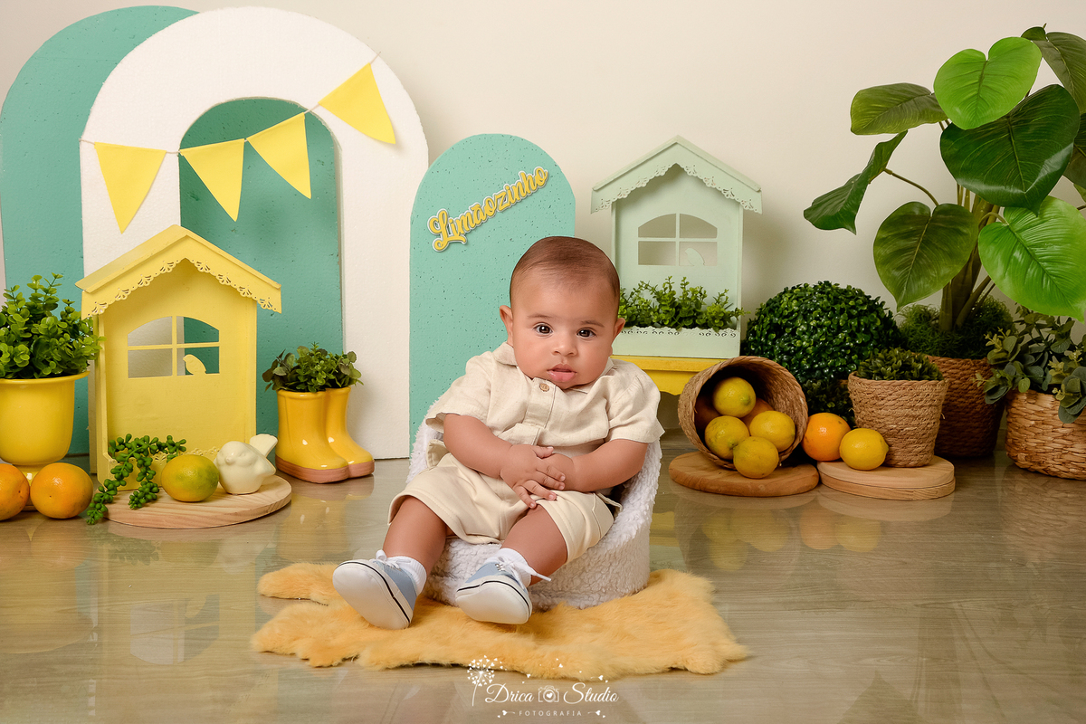 drica studio-ensaio fotográfico infantil - acompanhamento mensal - tema limãozinho - bebê sentado em poltrona branca - limões dentro de cesto de palha - cestos de palha com plantas - vaso amarelo - botinha amarela com planta - casinha verde e amarela -