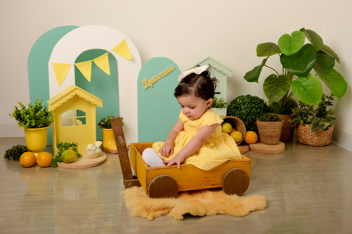 drica studio-ensaio fotográfico infantil - acompanhamento mensal - tema limãozinho - bebê sentada dentro de carrinho de madeira amarelo - casinhas de madeira amarela e verde - painel verde - cestos de palha com plantas - vestido amarelo - fundo neutro