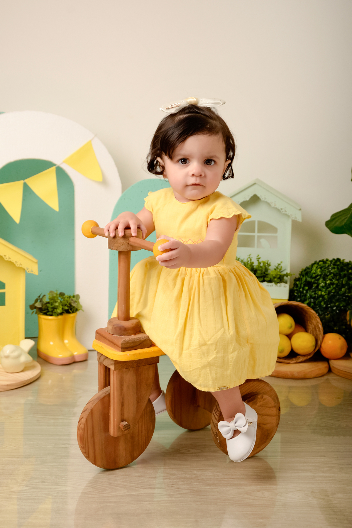 drica studio-ensaio fotográfico infantil - acompanhamento mensal - tema limãozinho -bebê sentado em bicicletinha de madeira amarela- enfeite botinha amarela com planta dentro - paineis branco e verde com banderola amarela - vestido amarelo - limões 