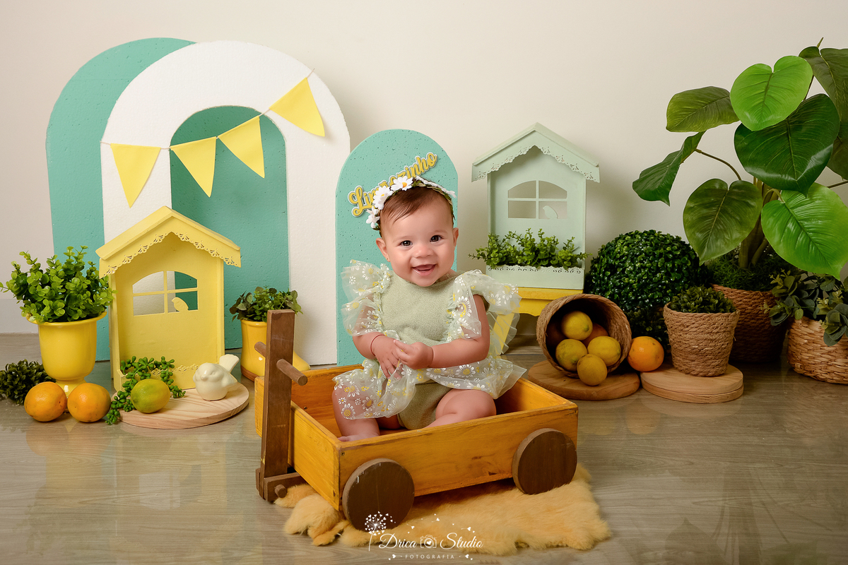 drica studio-ensaio fotográfico infantil - acompanhamento mensal - tema limãozinho -bebê sorridente sentada dentro de carrinho de madeira amarelo - cestos com limões dentro - casinhas verde e amarela - botinha amarela - vaso amarelo - fundo neutro