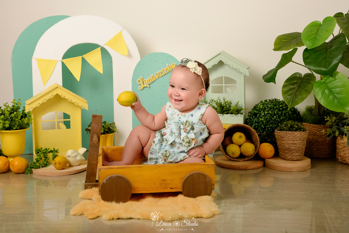 drica studio-ensaio fotográfico infantil - acompanhamento mensal - tema limãozinho - bebê sorridente sentada dentro de carrinho de madeira segurando um limão- vestido verde menta com estampa de bichinhos - casinha amarela - vaso amarelo - cesto de palha 