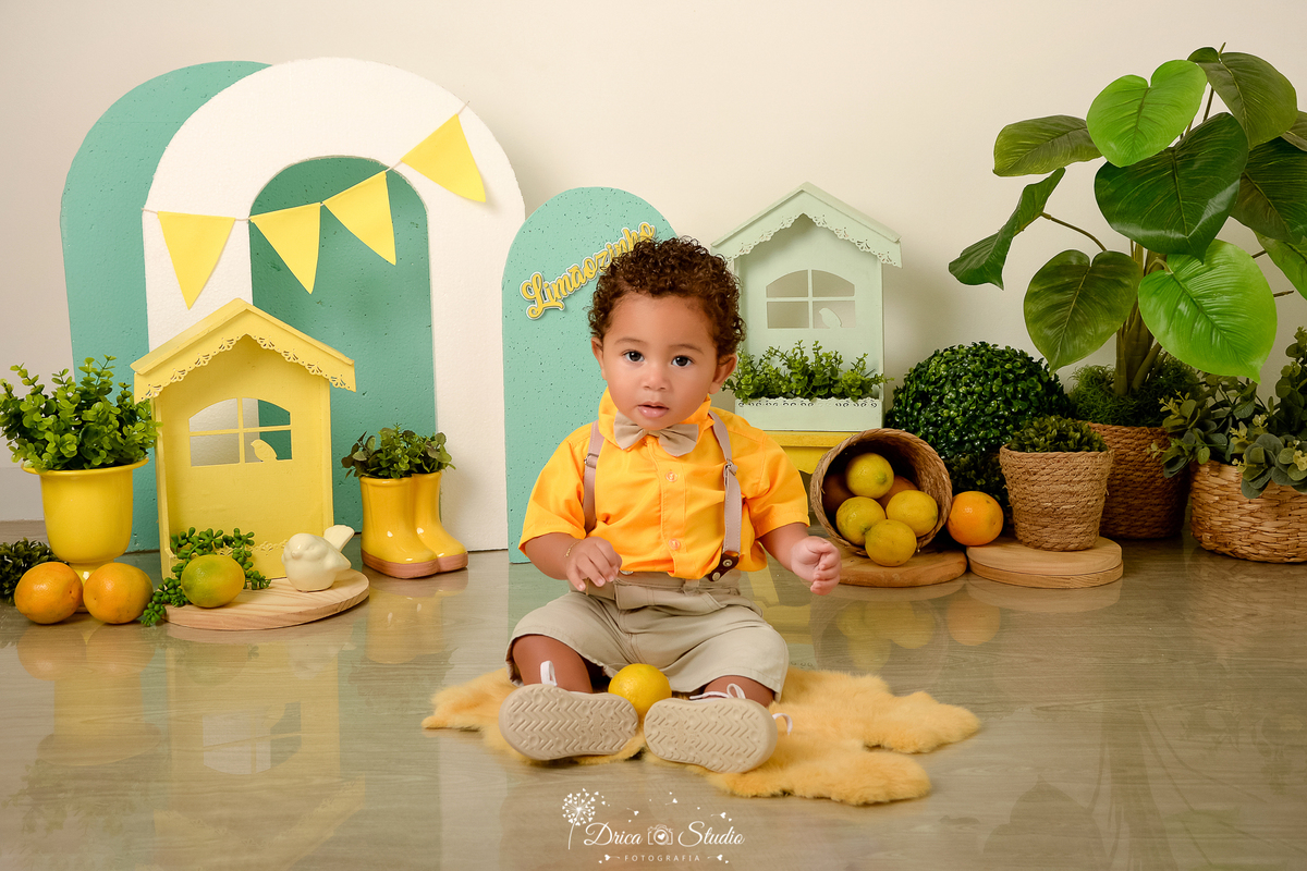 drica studio-ensaio fotográfico infantil - acompanhamento mensal - tema limãozinho - bebê sentado sobre tapete felpudo amarelo - cestos de palha com limões - casinhas verde e amarela - camisa amarela e short bege - botinha amarela com planta dentro 