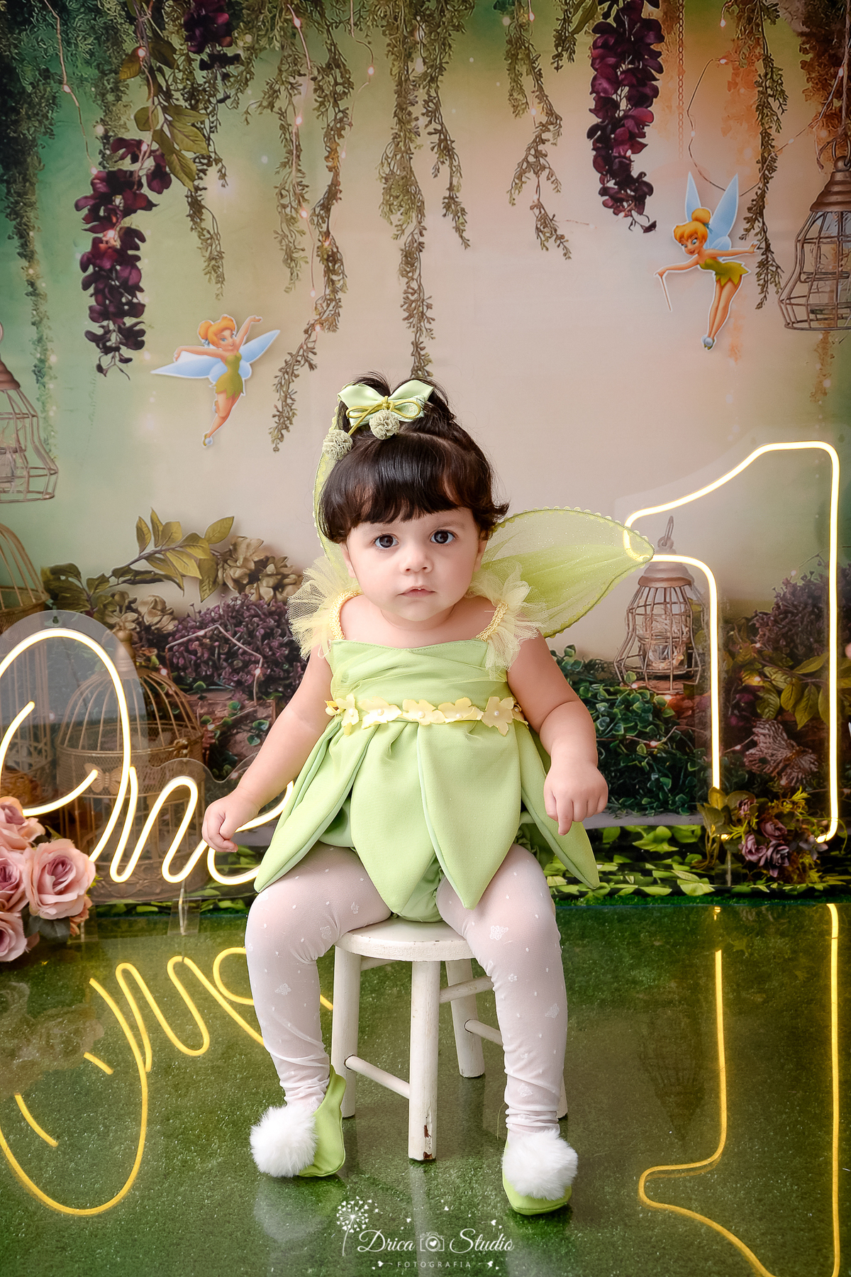DRICA STUDIO - ENSAIO FOTOGRAFICO INFANTIL - SMASH THE CAKE - TINKER BELL - XINGUARA - PARÁ - BEBÊ SENTADA VESTIDA DE TINKER BELL - FUNDO TEMA FLORESTA - ONE DE LED - CESTOS COM FLORES - COGUMELO - SININHO