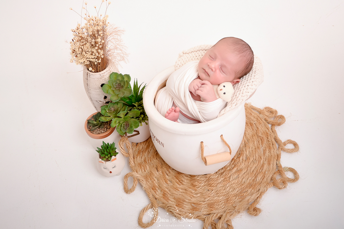drica studio - ensaio fotografico infantil - ensaio recém-nascido - newborn - - bebê enrolado em manta tipo casulo e dormindo dentro de baldinho de madeira branco, sobre tapete rústico - vasinho com folhagem e flores secas - fundo branco
