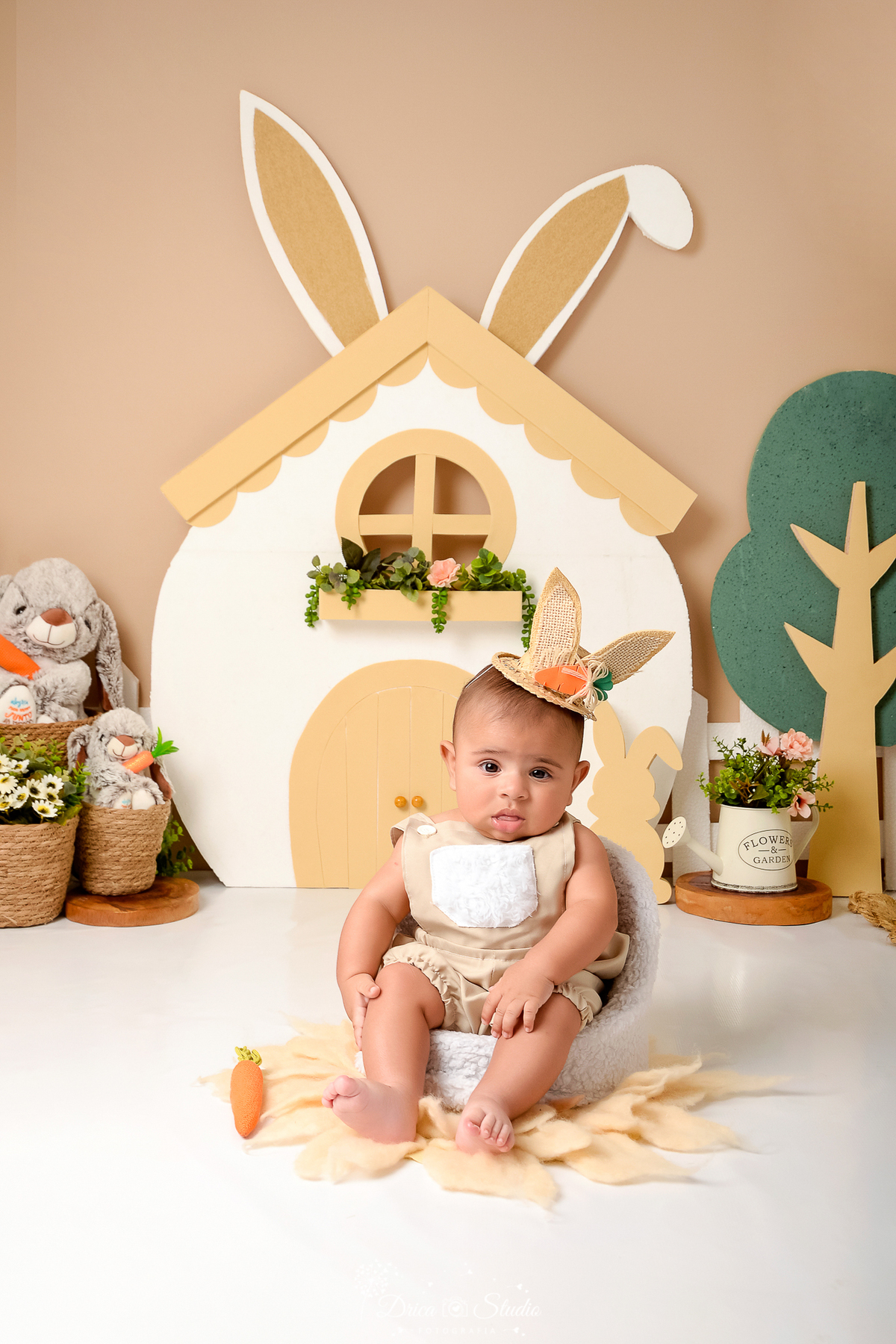 drica studio - ensaio fotografico - acompanhamento mensal - ensaio infantil páscoa - xinguara - pará - bebê usando bory bege e chapeú com orelha de coelho - coelhos de pelúcia - cestos de palha- casinha branca com detalhes bege - árbore de isopor 