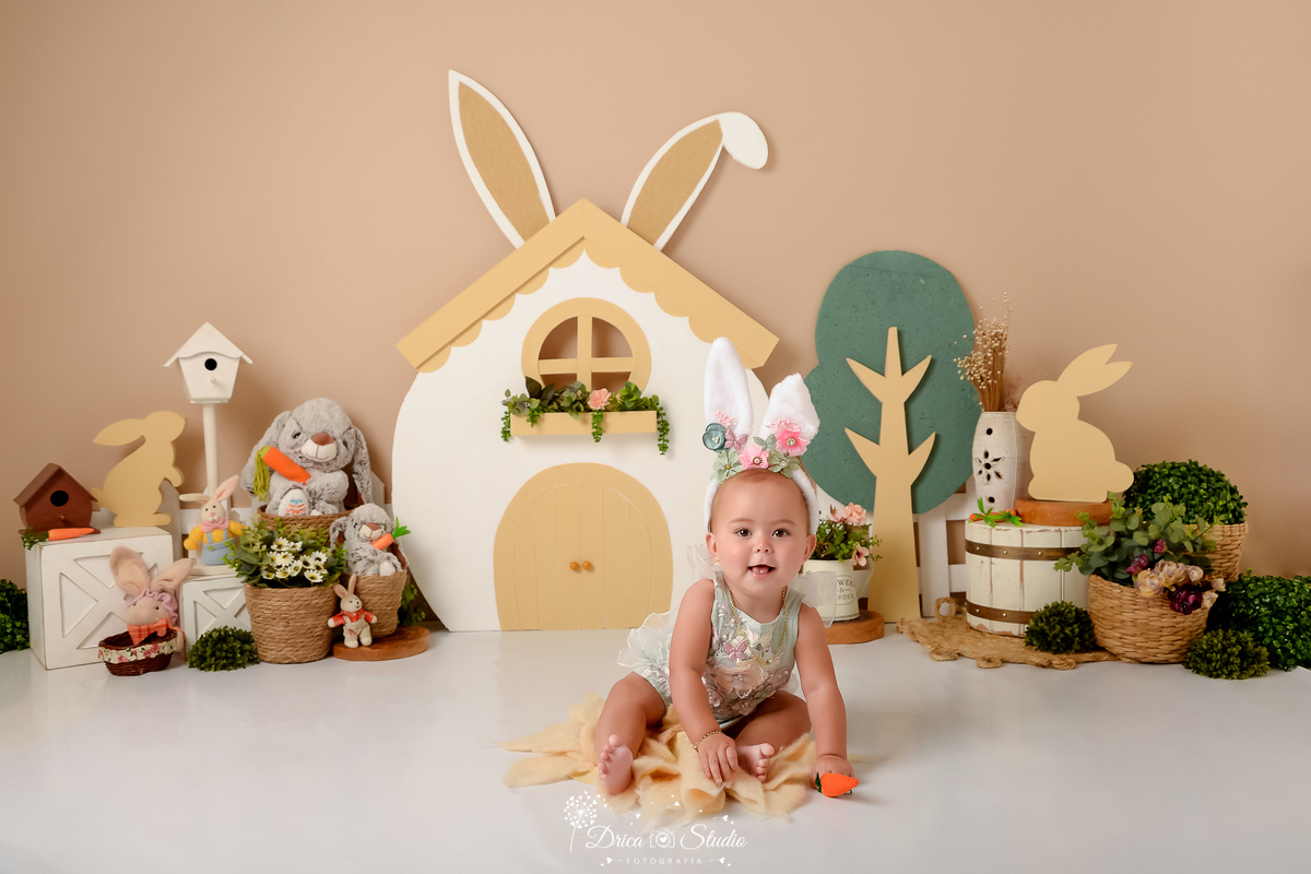 drica studio - ensaio fotografico - acompanhamento mensal - ensaio infantil - páscoa - xinguara - pará - bebê sentada no chão, segurando cenoura de pelúcia - casinha