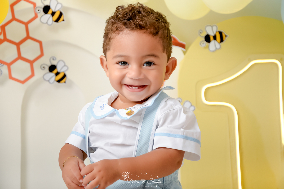 drica studio - smash the cake - 1 ano - aniversario cenário do ursinho pooh - abelhas - farvo de mel - 1 de led - bebê sorrindo - balões amarelos 