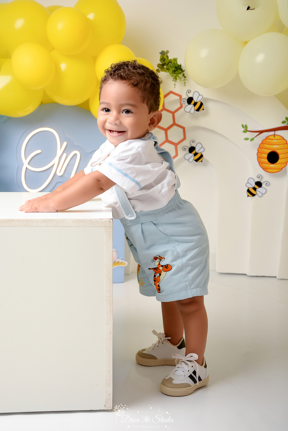 drica studio - smash the cake - 1 ano - aniversario - tema ursinho pooh - abelhas - favo de mel - one de led - paineis azul e branco - bebê em pé - apoiado em um caixote de mdf - bebê sorrindo 