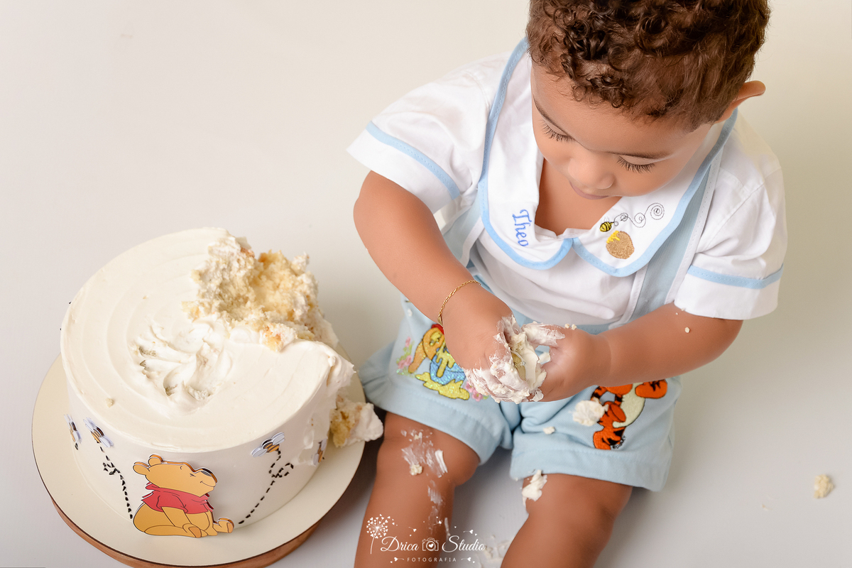 drica studio - smash the cake - 1 ano - aniversario - tema ursinho pooh - bebê sentado - esmagando bolo 