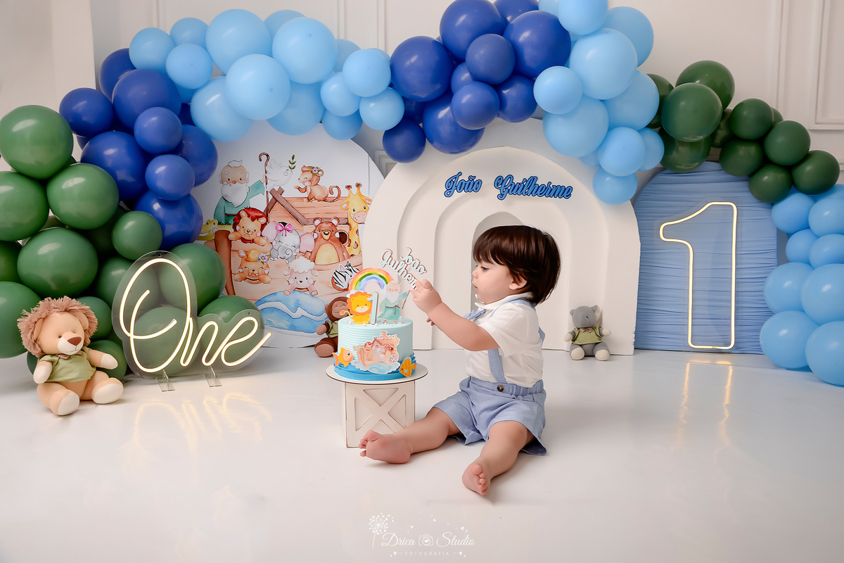 drica studio - smash the cake - tema arca de nóe - primeiro contato com o bolo - cenário com balões azuis e verdes - one de led - 1 de led - imagen da arca de noé ao fundo - bixinhos de pelucia 