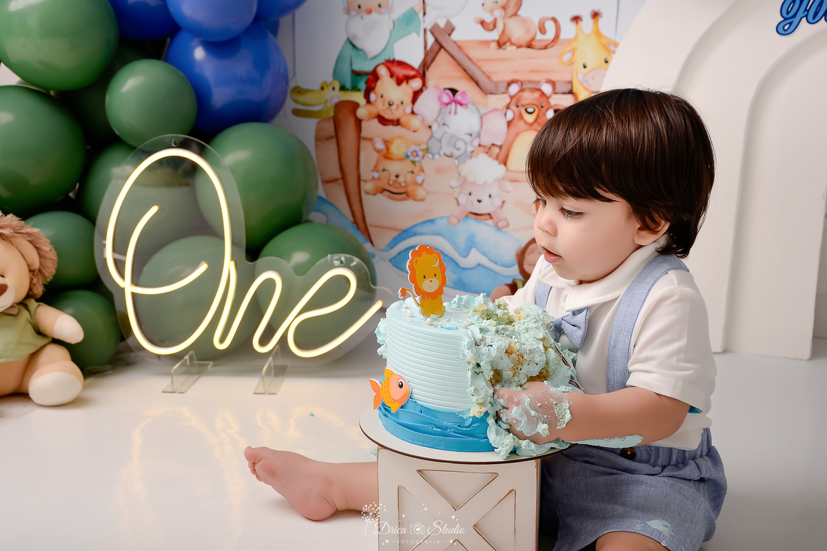 drica studio - smash the cake - tema arca de nóe - bebê esmangando o bolo- balões verdes e azuis - one de led - 