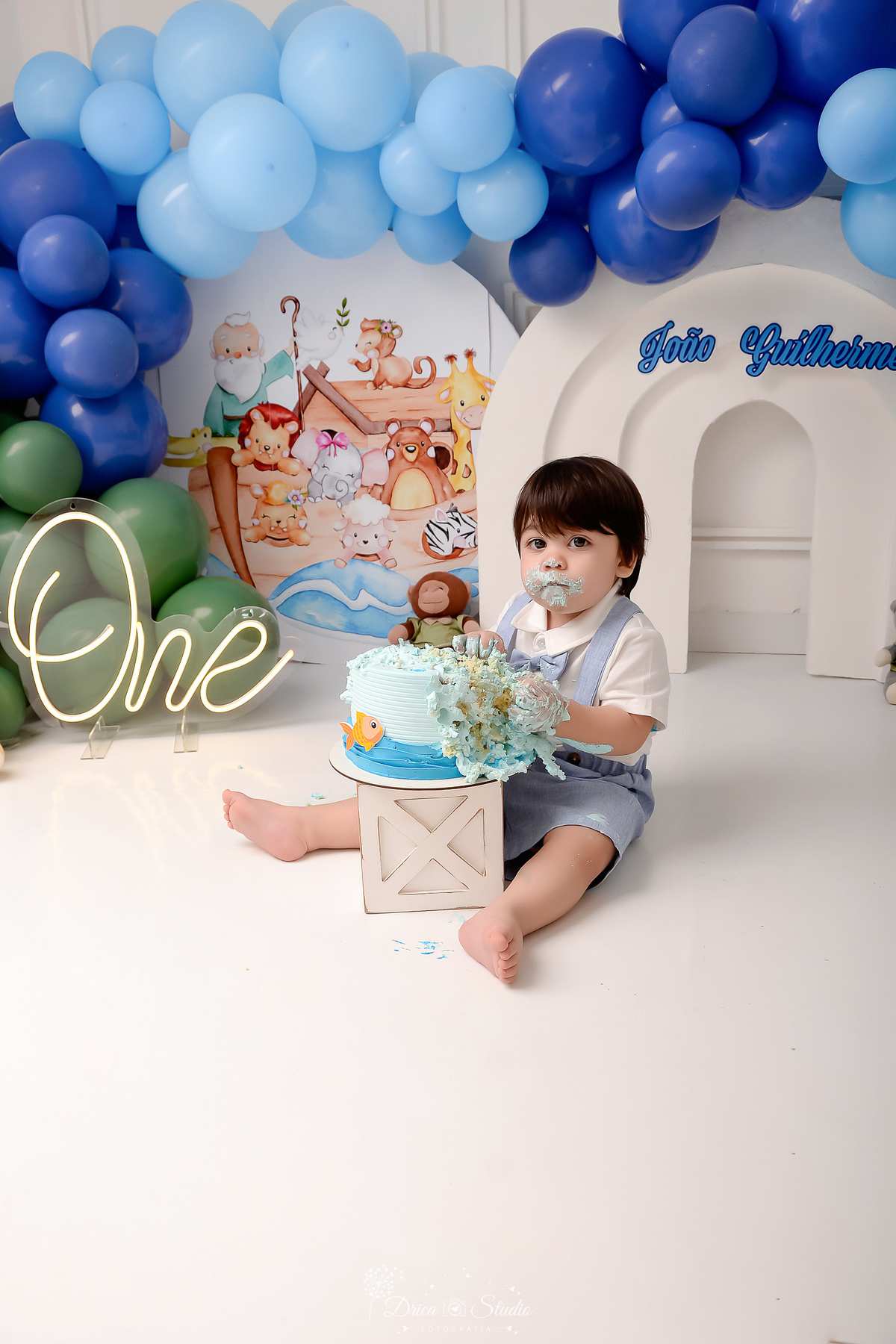 drica studio - smash the cake - tema arca de nóe - bebê esmagando o bolo - one de led - imagem da arca de noé ao fundo 